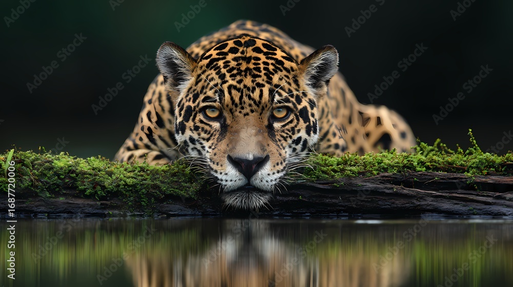 Fototapeta premium Jaguar lying at water’s edge staring directly into camera with forest mirrored reflection