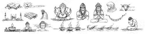 World religions and spirituality hand drawn symbols set