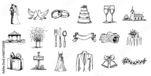 Wedding ceremony doodle icon set vector