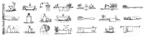 Bathroom hygiene doodle set with bathtub soap and towel
