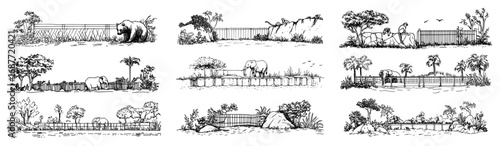 Zoo animals in enclosures hand drawn illustration set