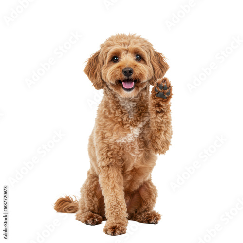 Young light brown poodle mix dog sits, right paw waving, happy open-mouthed, looking at camera on a transparent studio background, concept of friendly welcome
