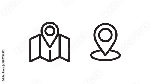 Location Icons Map Pin and Folded Map, Simple Line Art, GPS Navigation Symbols