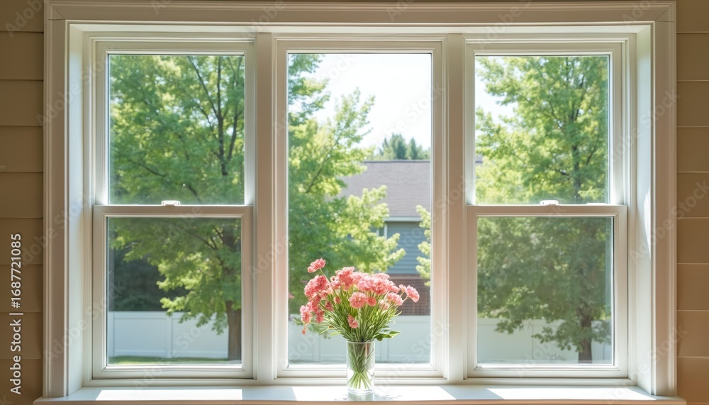 Fototapeta premium View through triple pane vinyl windows showing green trees, blue sky on sunny summer day. House exterior features vinyl siding, white fence. Vase of pink flowers sits on windowsill, adding touch of