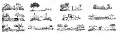 Collection of zoo enclosures and animal habitats sketch illustrations