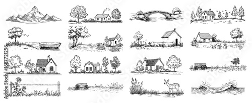 Countryside landscape scene icon set vector