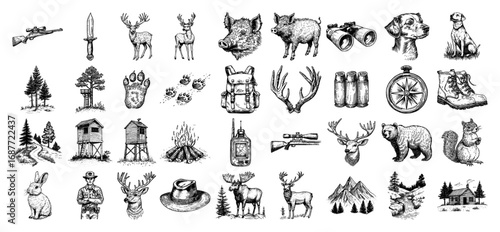 Hunting and forest wildlife hand drawn vintage icon set