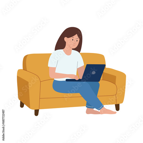 A girl is sitting on a sofa with a laptop. Working from home. Isolated white background. Flat style vector illustration.