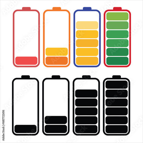 Battery charge levels icons set showing full empty and partial power
