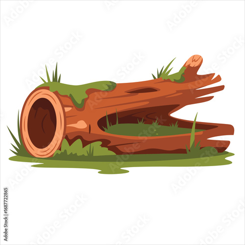 Hollowed out fallen tree trunk with moss and grass on white background