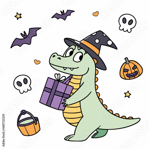 An adorable Alligator with a Shy vibe, carrying a gift box, and a Spooky Fun Halloween theme – SVG style