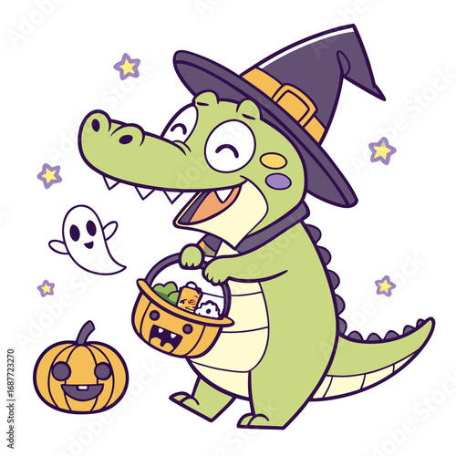 Cute Excited Alligator, accessorized with with a stuffed animal, in a Halloween world – Spooky Fun palette vector