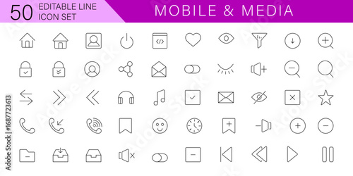 Elegant Minimalist Line Style Mobile Application and Social Media Icon Toolkit for with home power share music filter mail view emojee watch and many more for  UI/UX Designers and Developers (060925)