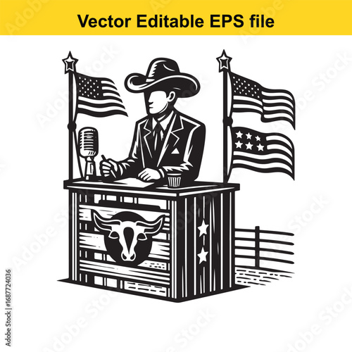  cowboy speaking at podium with american flags and bull head emblem