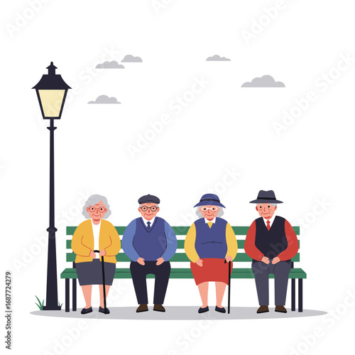 Senior friends sitting on park bench under cloudy sky  