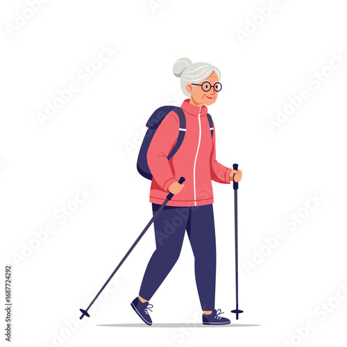 Elderly woman Nordic walking with poles in athletic outfit outdoors  