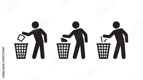 Recycling, Trash, Waste Disposal, Garbage, Recycling Bin, Trash Can, Waste Management, Icon Set, People, Person, Human, Figure, Silhouette, Simple, Minimalist, Clean, Eco-Friendly,