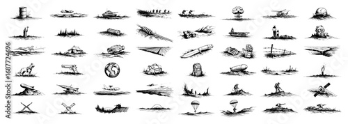 War conflict and military battle hand drawn sketch scenes