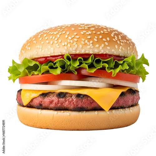 Juicy Burger with Sesame Bun, Melted Cheese, and Fresh Veggies on Transparent Background