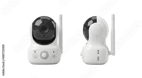 Modern white and black Wi-Fi IP security camera with antenna shown from front and back views.