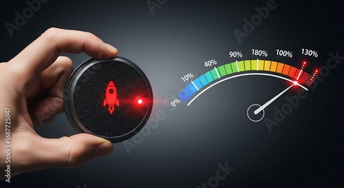 Hand holding a button with a rocket icon, next to a speedometer showing increasing progress or speed.