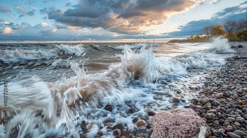 Fototapeta Naklejka Na Ścianę i Meble -  Waves crash on the rocky shore of a lake at sunset with clouds