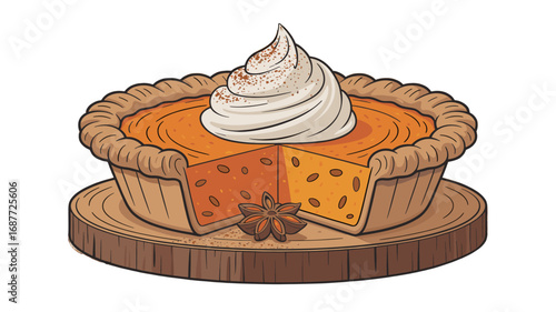 A delicious Pumpkin pie with cream and spices on a wooden plate.