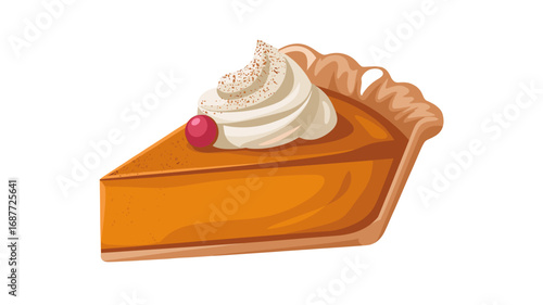 A delicious slice of pumpkin pie topped with whipped cream and a cherry.