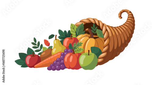 A cornucopia overflowing with a harvest of fruits and vegetables.
