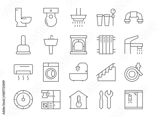 Heating & Plumbing line editable icon set. Containing pipe, plumber, faucet, radiator, boiler, service, boiler, valve, and more. editable stroke. Vector illustration