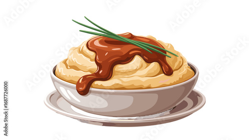 A delightful serving of mashed potatoes with rich gravy and chives.