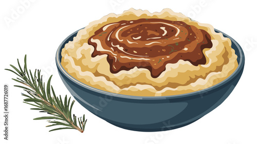 A bowl of creamy mashed potatoes with delicious brown gravy, garnished with rosemary.