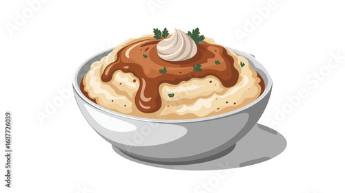 Delicious mashed potatoes with gravy and toppings in a bowl.