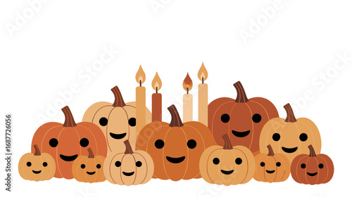 A delightful assembly of pumpkins and candles.