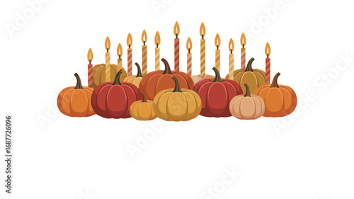 A festive collection of pumpkins and lit candles celebrating a special occasion.