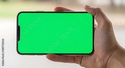 Hand holding a smartphone with a green screen in landscape mode