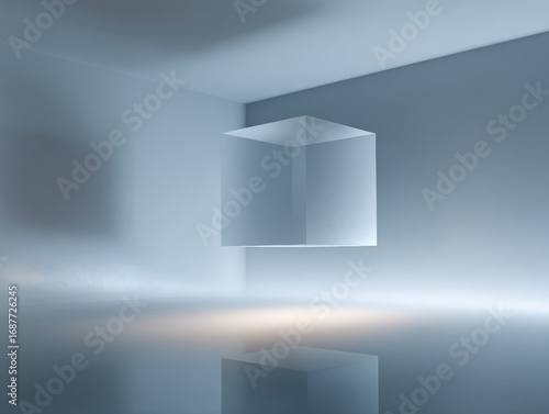 A transparent floating glass cube with soft reflections suspended in a modern abstract space with ambient lighting
