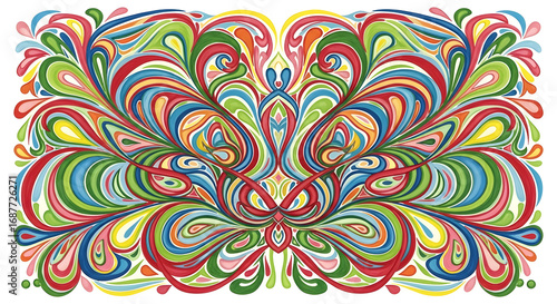 An abstract pattern dominates the image, resembling a symmetrical display of flowing, teardrop-shaped elements. 