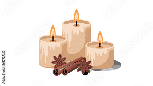 Three glowing candles with cinnamon sticks and star anise create a warm and inviting atmosphere.