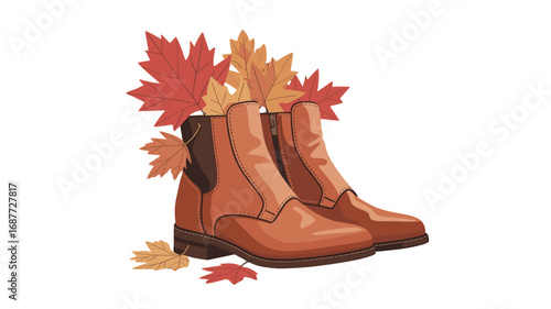 Autumn leaves spilling from a pair of brown boots, evoking a sense of seasonal charm and comfort.