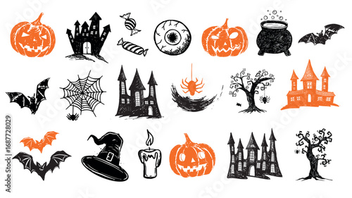 Halloween symbols set, bat, pumpkin, tree, hand drawn illustrations