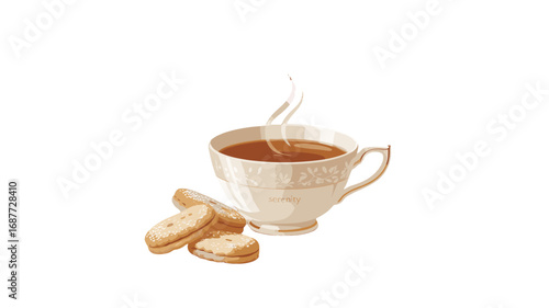 A serene tea time setting with tea and biscuit.