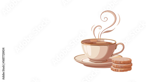 A warm cup of tea with cookies arranged nearby.