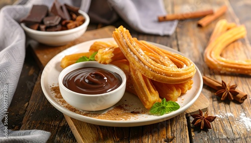 Delicious churros with chocolate dipping sauce on a rustic wooden table.