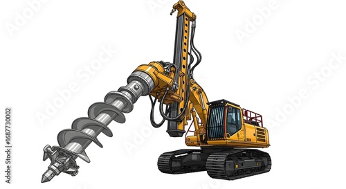 Detailed illustration of a large yellow tracked drilling machine with a powerful auger attachment, designed for deep soil excavation, foundation drilling, and heavy construction projects on various te
