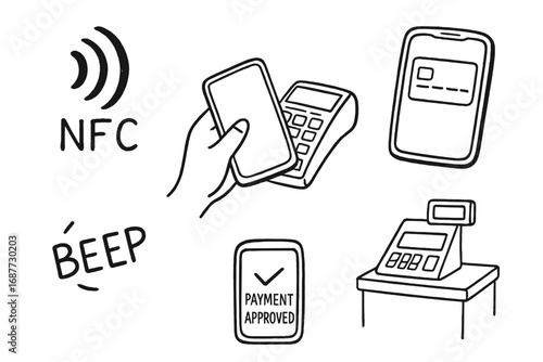 Contactless Payment Icons. Contactless payment: hand drawn doodles of NFC icon, tap phone on terminal, beep wave, payment approved