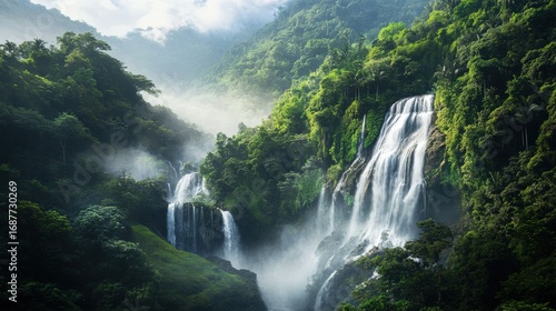Lush green mountains embrace a cascading waterfall.