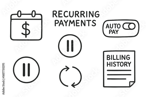 Recurring Payments Doodles. Recurring payments: hand drawn doodles of calendar with dollar sign, auto payment switch, subscription