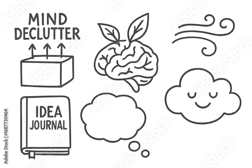 Mind Declutter Doodles. Mental space: hand drawn doodles of mind declutter icon, brain with leaves, calming breeze, idea journal,