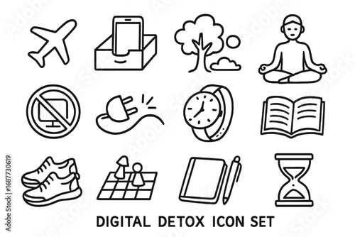 Digital Detox Icons. Digital detox doodle icon set: hand drawn icons of airplane mode icon, phone in drawer, nature doodle,